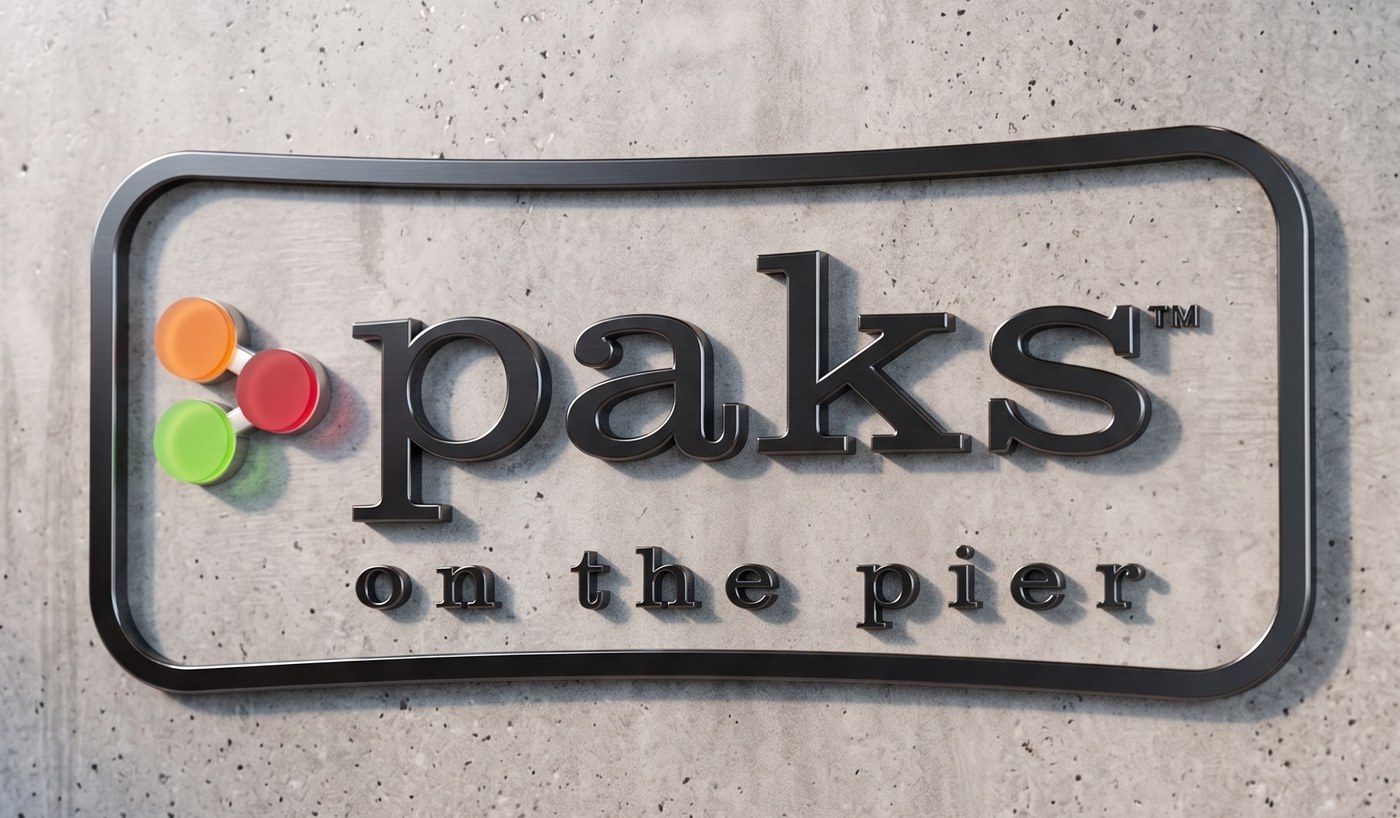 Paks on the Pier logo mounted on a concrete wall