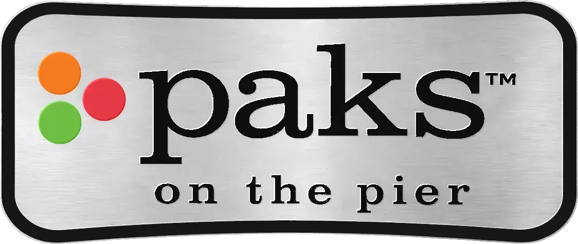 Paks on the Pier brushed-metal sign