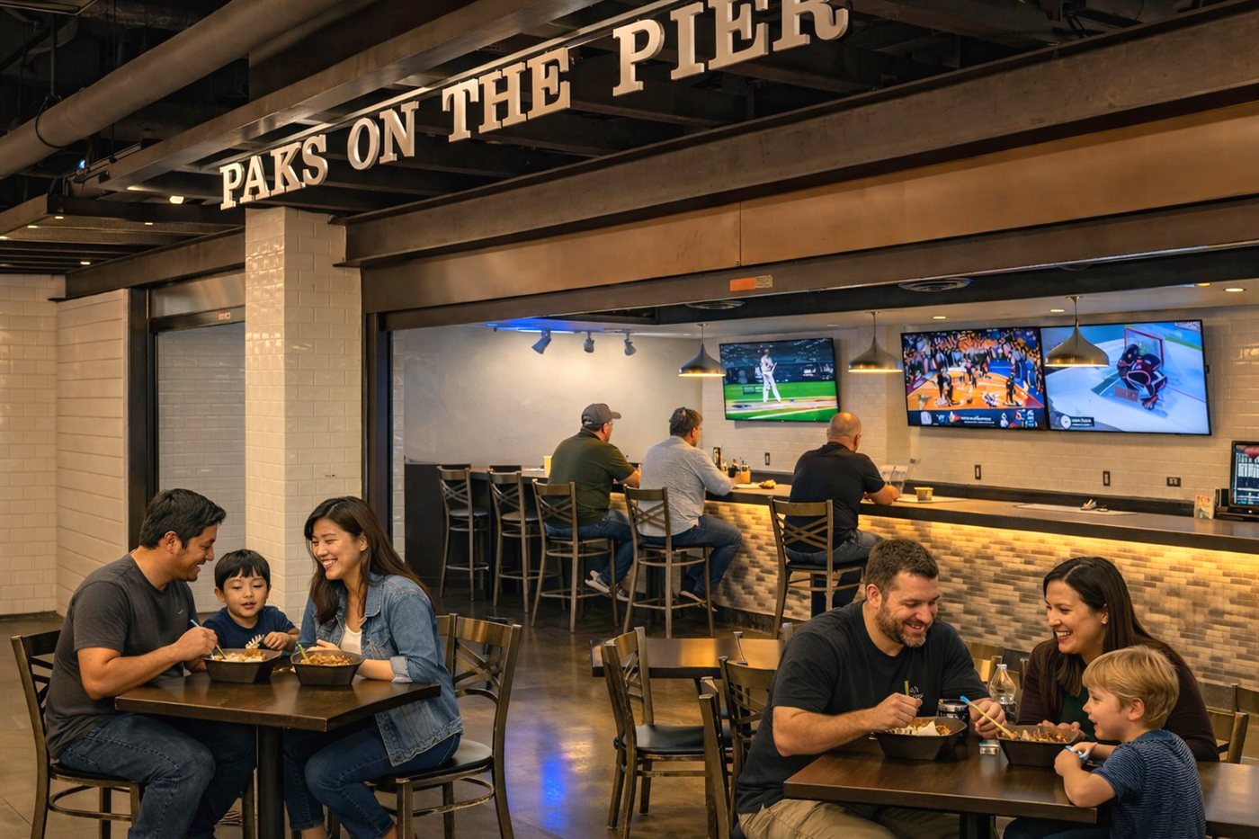 Families dining at Paks on the Pier — wood tables, brushed-metal Paks on the Pier sign overhead, sports on flat-screens above the bar